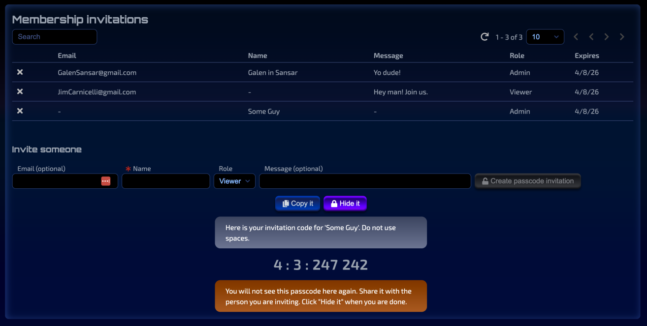 Aevocam Membership Invitations page