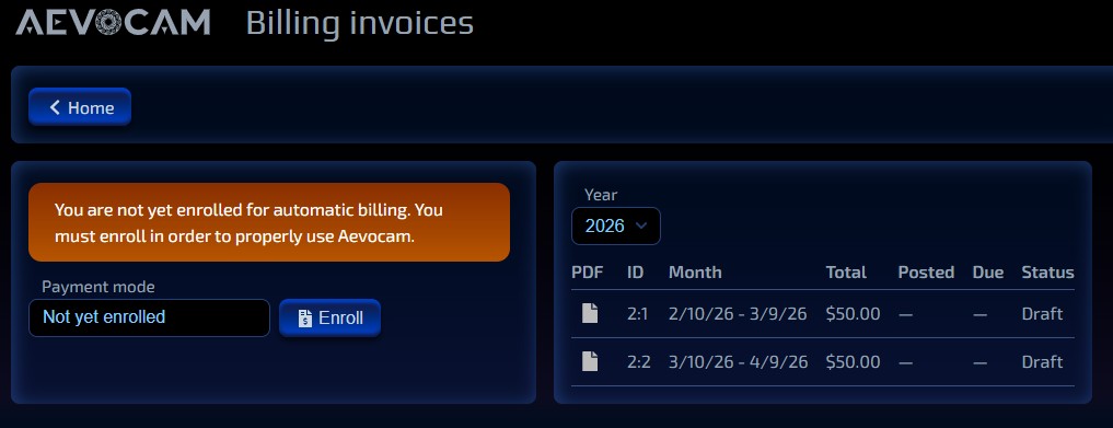 Aevocam Billing Invoices